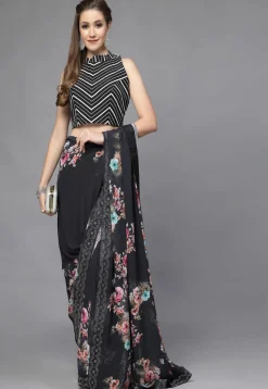 Printed Crepe Back Cut Out Blouse in Black