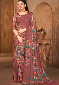 Printed Crepe Saree in Dark Old Rose