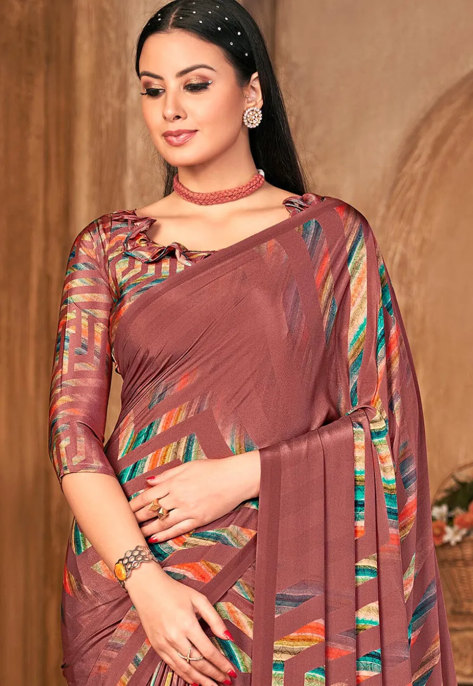 Printed Crepe Saree in Dark Old Rose
