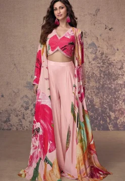 Printed Crepe Silk Crop Top Set in Pink