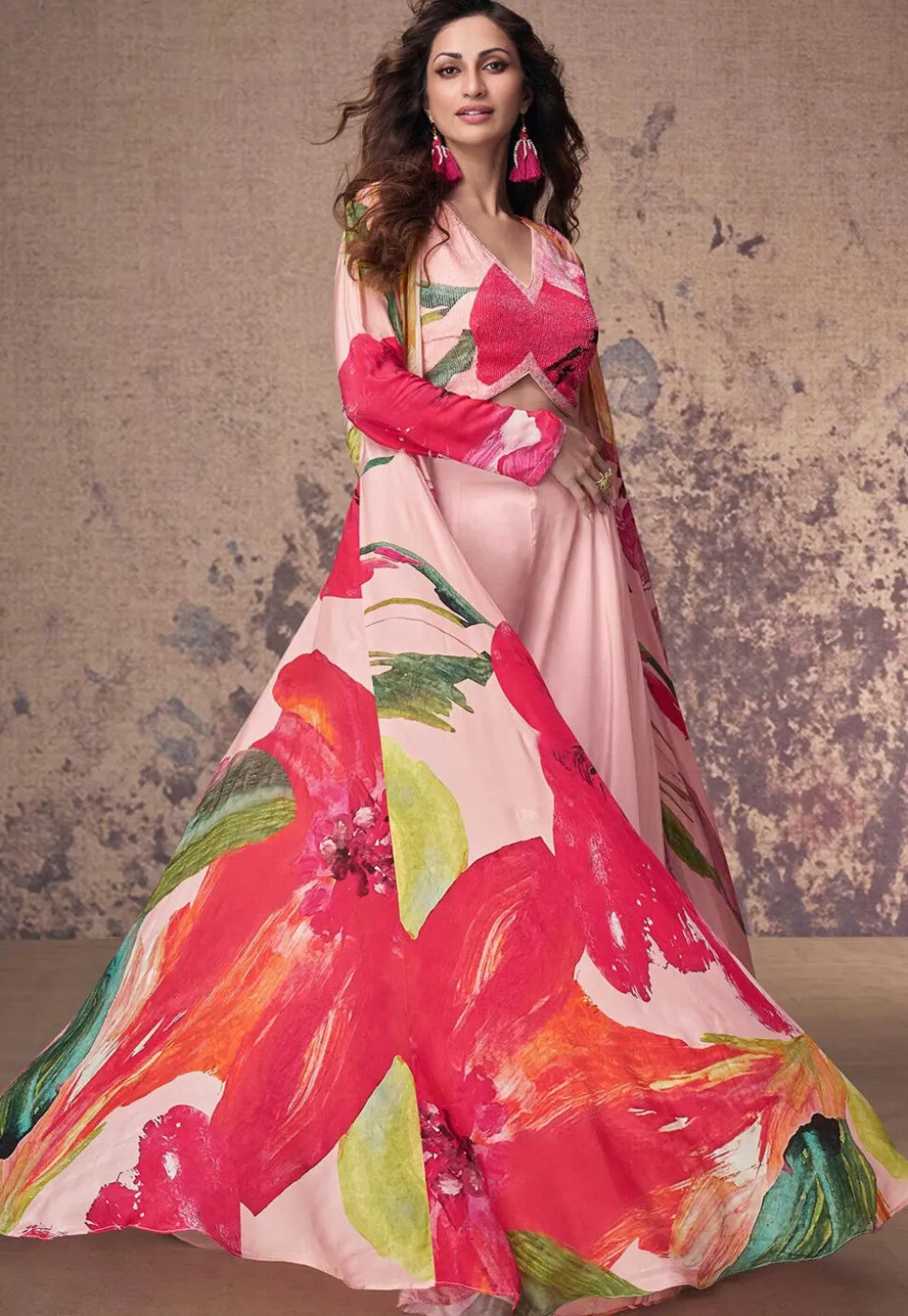 Printed Crepe Silk Crop Top Set in Pink