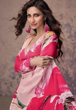 Printed Crepe Silk Crop Top Set in Pink