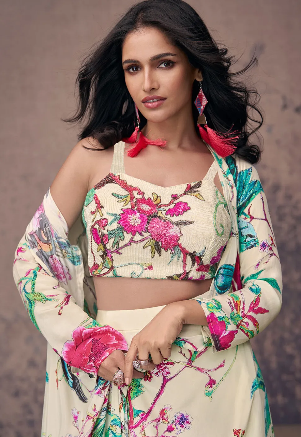 Printed Crepe Silk Crop Top Set in Light Green