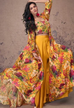 Printed Crepe Silk Crop Top Set in Mustard