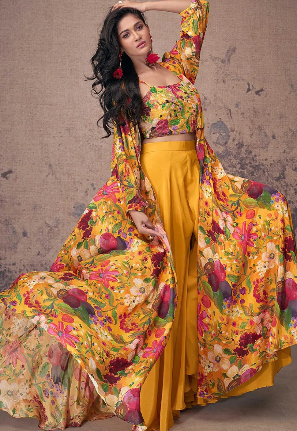 Printed Crepe Silk Crop Top Set in Mustard