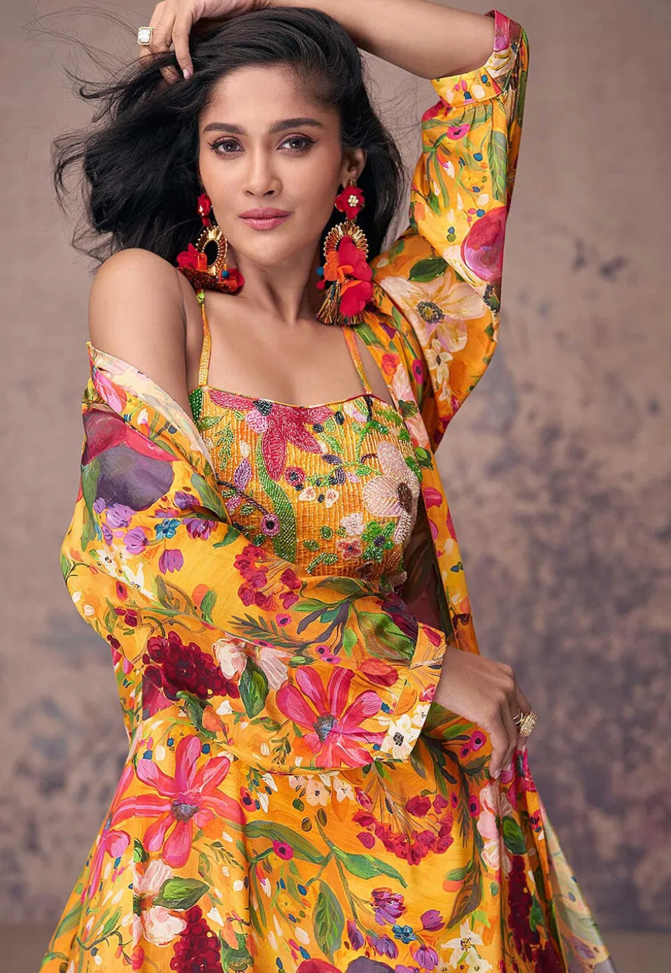 Printed Crepe Silk Crop Top Set in Mustard