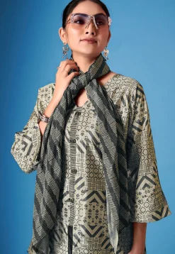 Printed Crepe Silk High Low Tunic Set in Beige