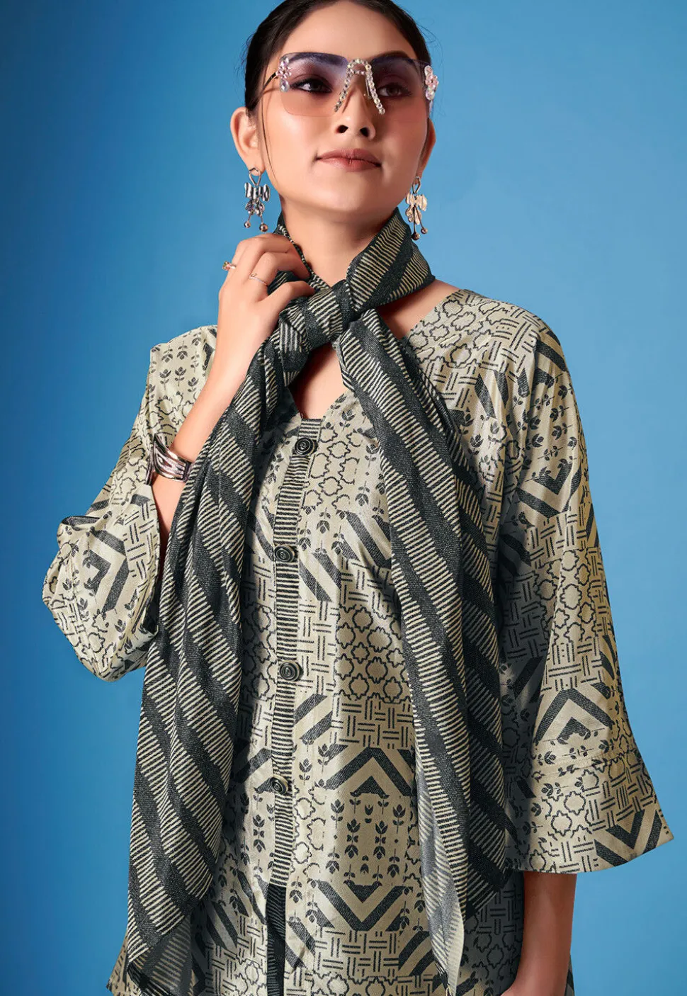 Printed Crepe Silk High Low Tunic Set in Beige