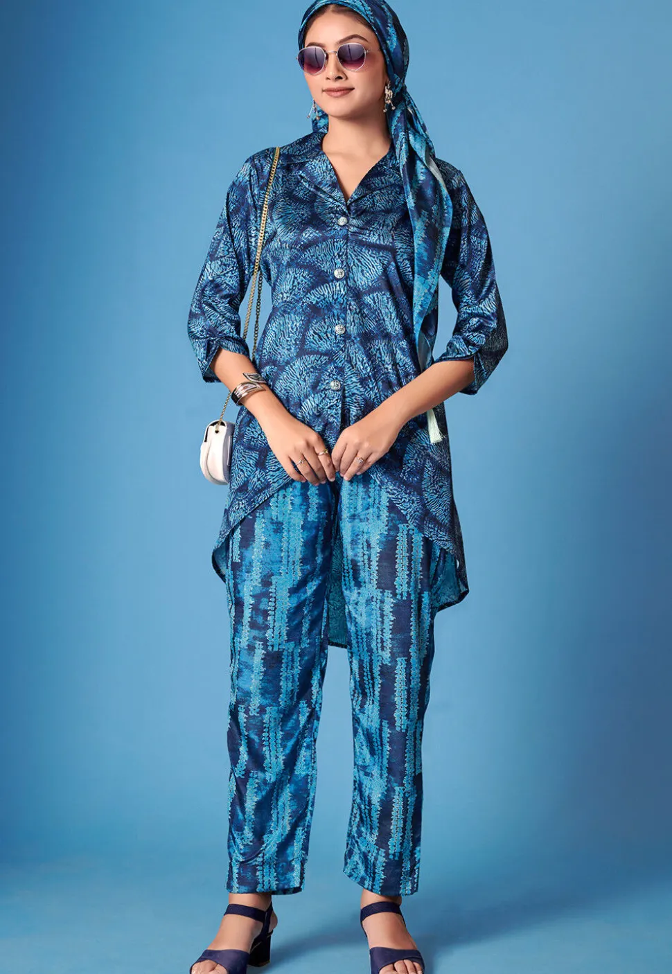 Printed Crepe Silk High Low Tunic Set in Blue