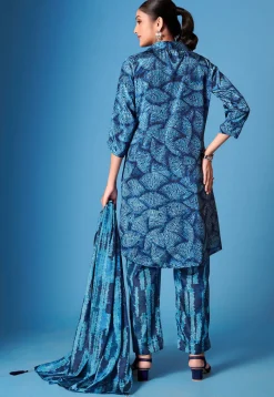 Printed Crepe Silk High Low Tunic Set in Blue