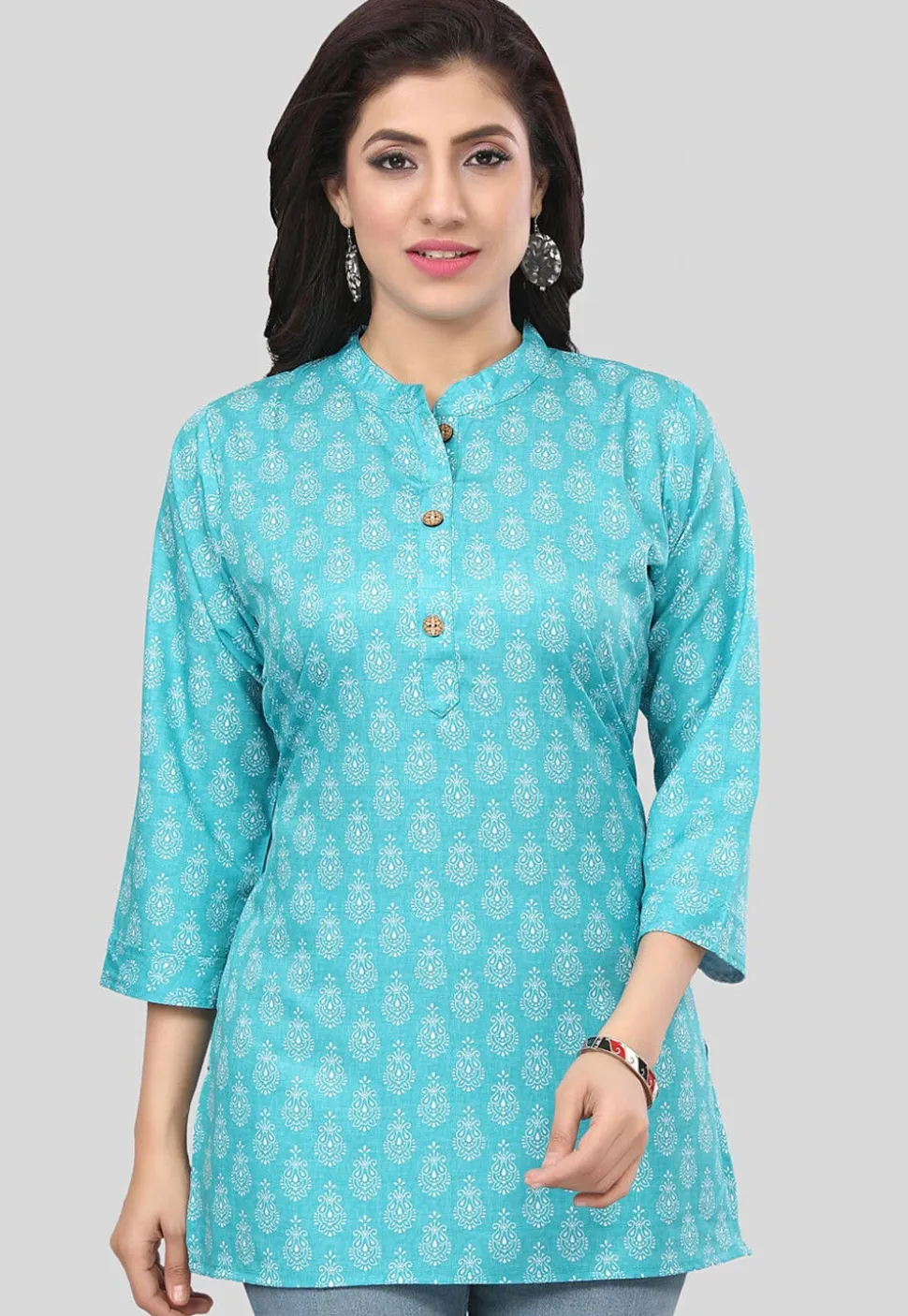 Printed Crepe Straight Kurti in Turquoise