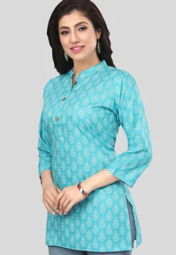 Printed Crepe Straight Kurti in Turquoise
