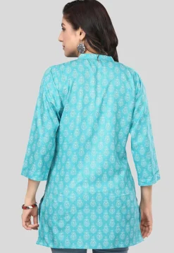 Printed Crepe Straight Kurti in Turquoise
