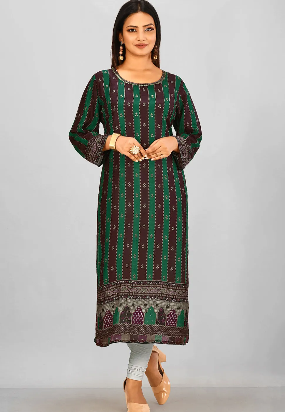 Printed Crepe Straight Kurta in Green and Brown
