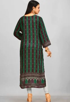 Printed Crepe Straight Kurta in Green and Brown