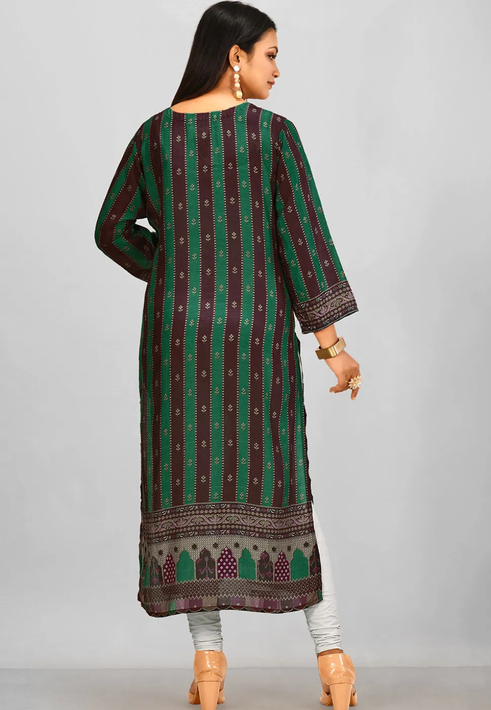 Printed Crepe Straight Kurta in Green and Brown