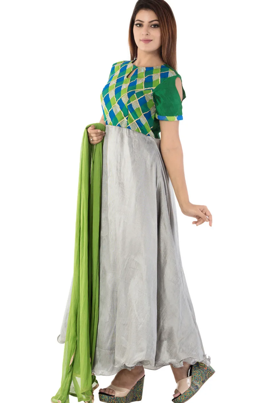 Printed Dupion Silk Abaya Style Suit in Grey and Multicolor