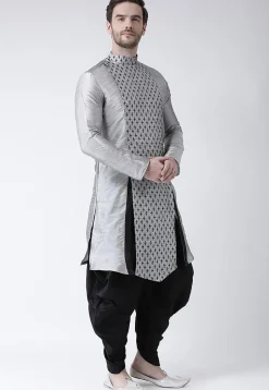 Printed Dupion Silk Asymmetric Kurta Set in Grey