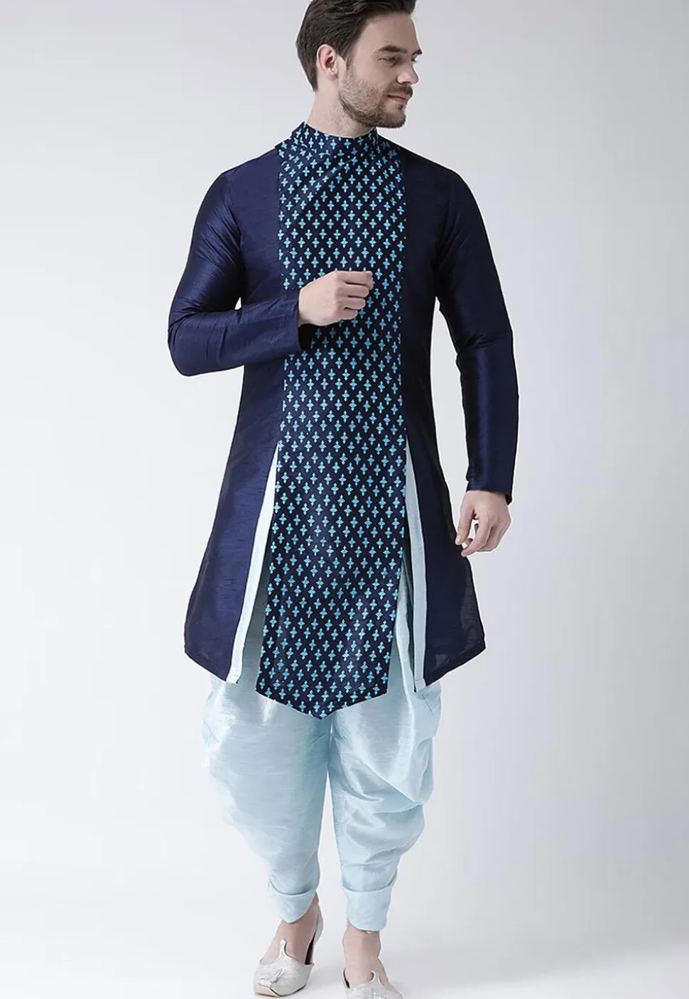 Printed Dupion Silk Asymmetric Kurta Set in Navy Blue