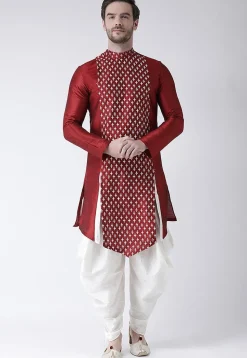 Printed Dupion Silk Asymmetric Kurta Set in Maroon