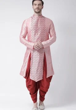 Printed Dupion Silk Asymmetric Kurta Set in Pink