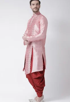 Printed Dupion Silk Asymmetric Kurta Set in Pink