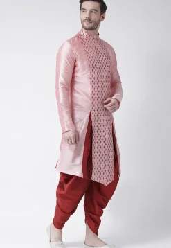 Printed Dupion Silk Asymmetric Kurta Set in Pink