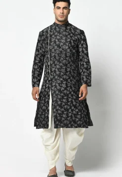 Printed Dupion Silk Dhoti Kurta in Black