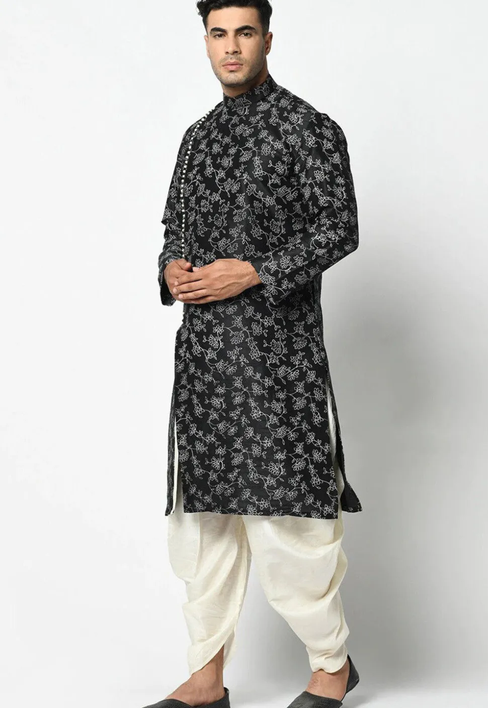 Printed Dupion Silk Dhoti Kurta in Black