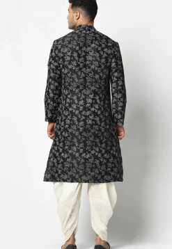 Printed Dupion Silk Dhoti Kurta in Black