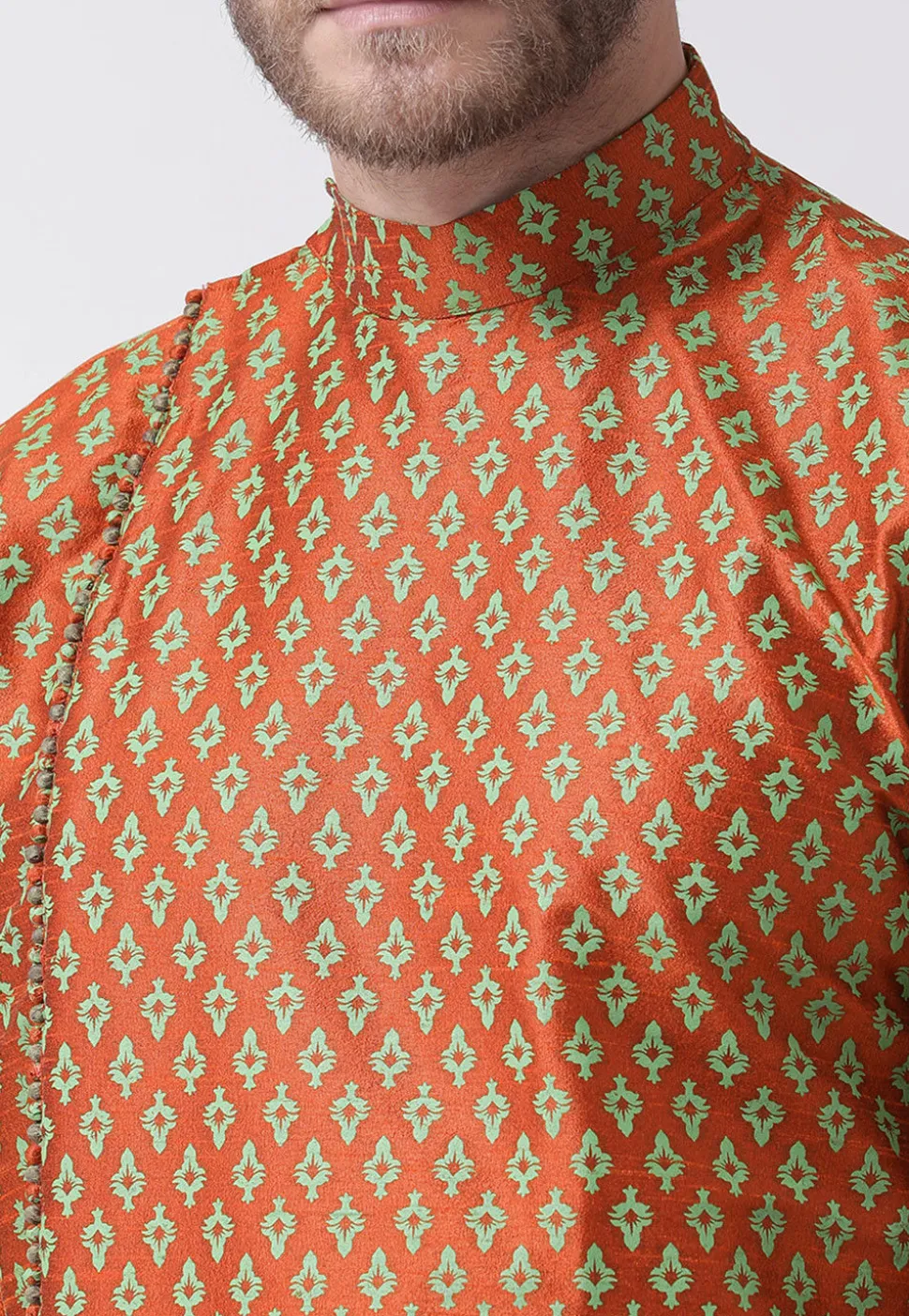 Printed Dupion Silk Dhoti Kurta in Rust