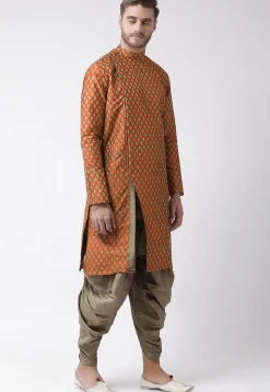 Printed Dupion Silk Dhoti Kurta in Rust
