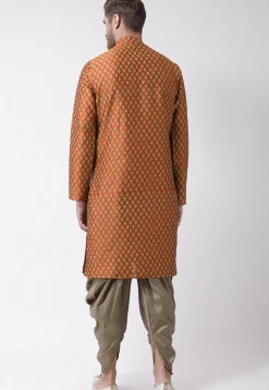 Printed Dupion Silk Dhoti Kurta in Rust