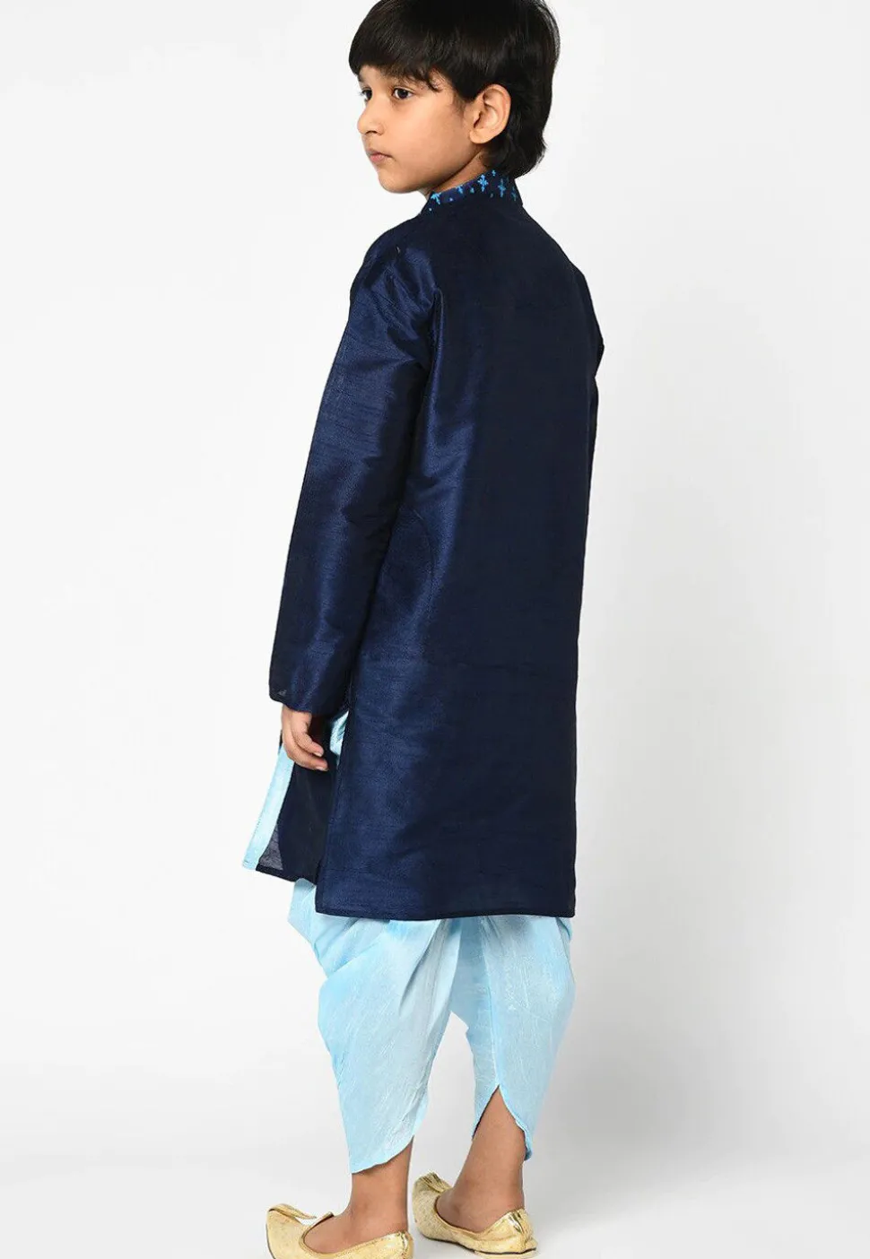 Printed Dupion Silk Dhoti Kurta in Navy Blue
