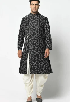 Printed Dupion Silk Dhoti Kurta in Black