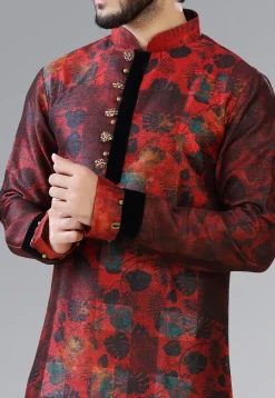 Printed Dupion Silk Dhoti Kurta in Red