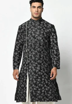 Printed Dupion Silk Kurta in Black