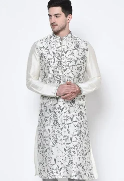 Printed Dupion Silk Kurta in White