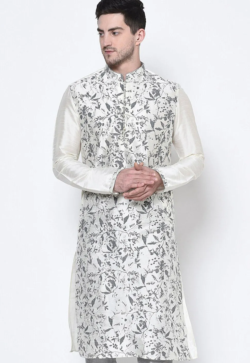 Printed Dupion Silk Kurta in White