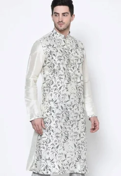 Printed Dupion Silk Kurta in White