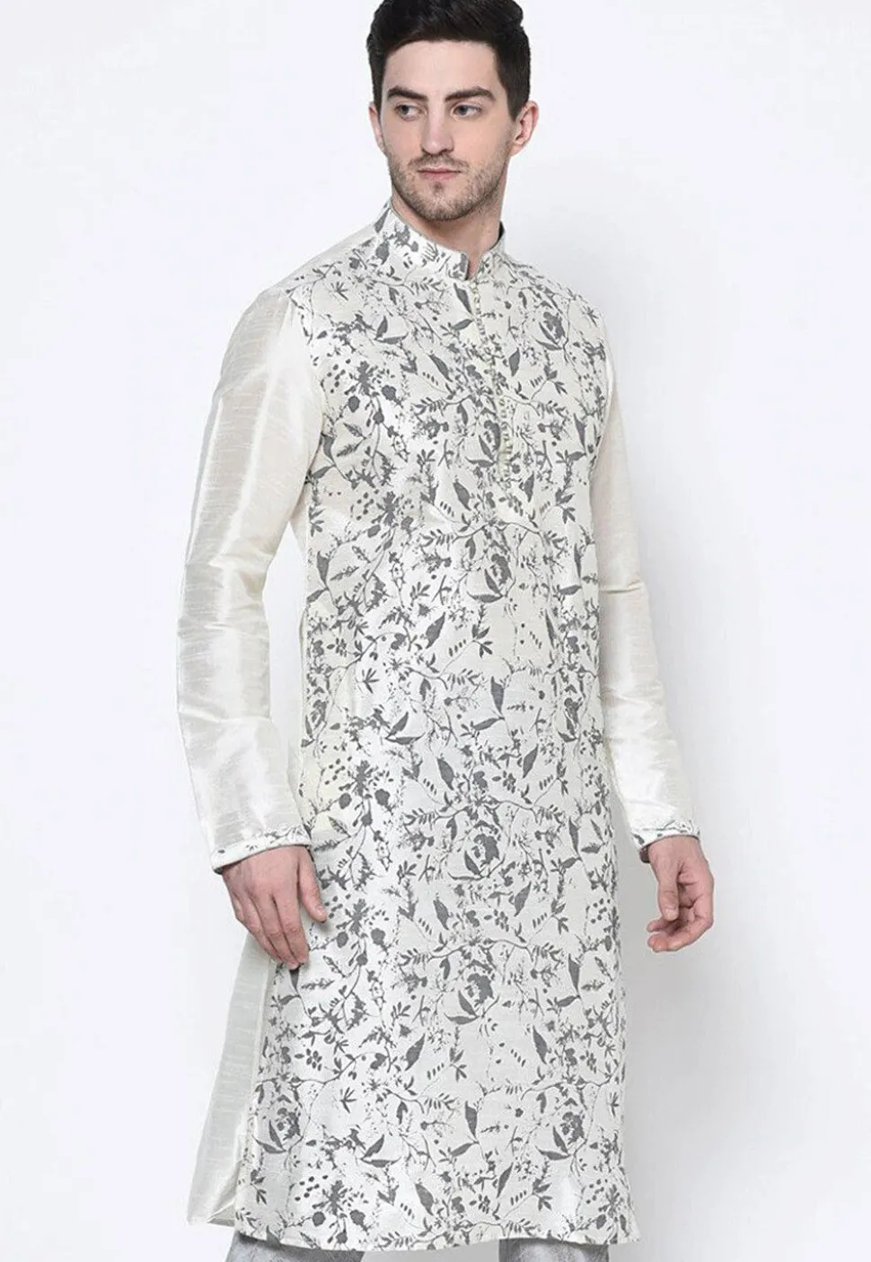 Printed Dupion Silk Kurta in White
