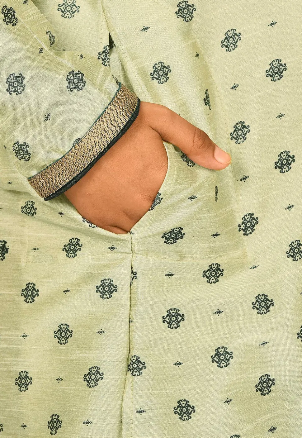 Printed Dupion Silk Kurta Set in Pastel Green