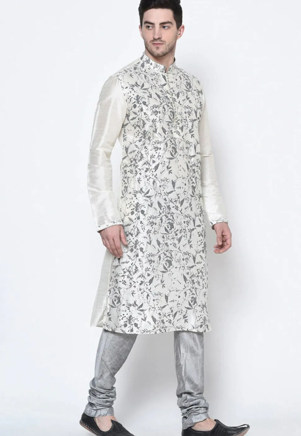 Printed Dupion Silk Kurta Set in White