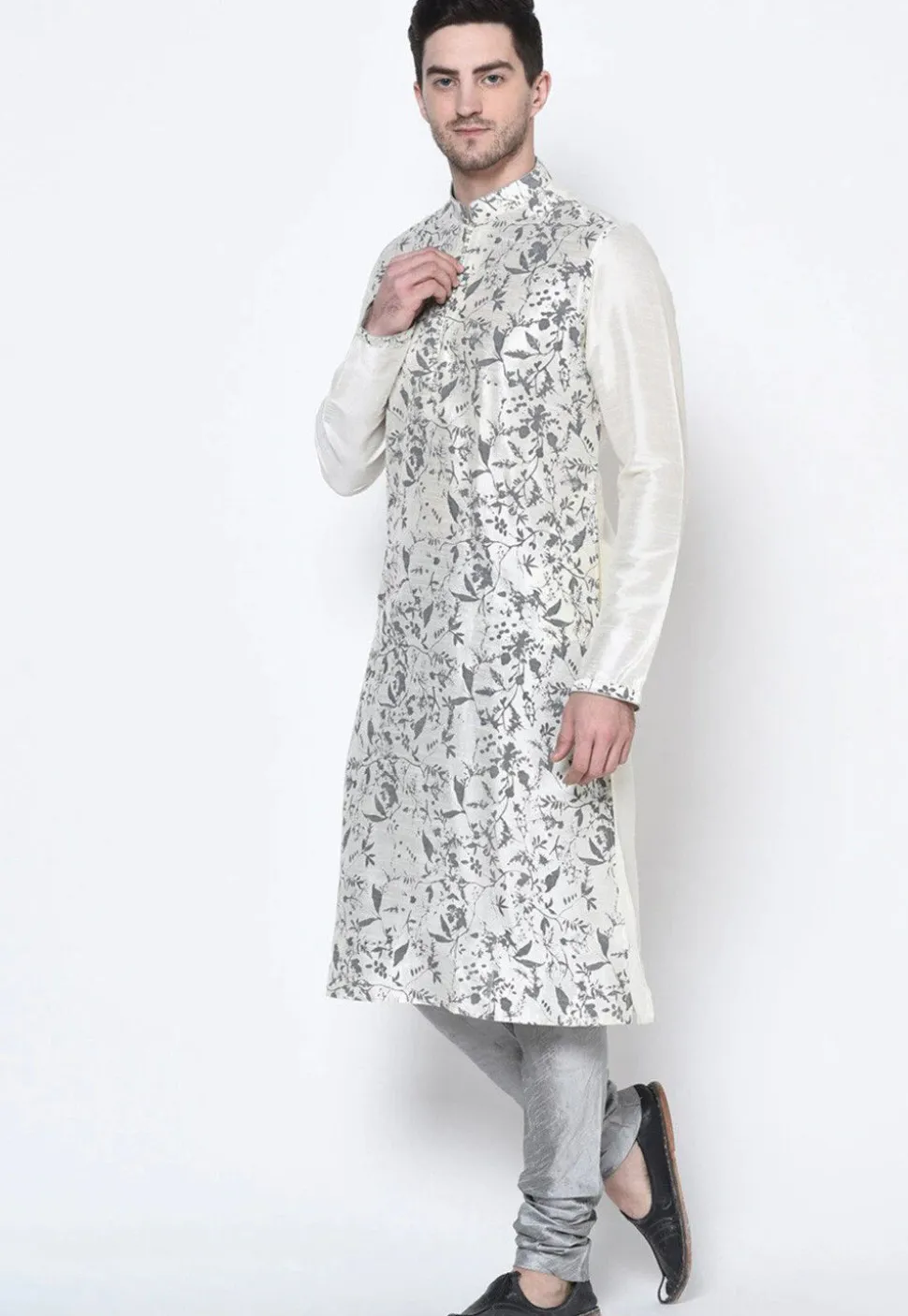 Printed Dupion Silk Kurta Set in White