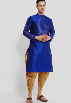 Printed Dupion Silk Kurta Set in Royal Blue