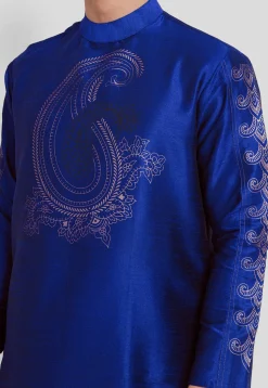 Printed Dupion Silk Kurta Set in Royal Blue