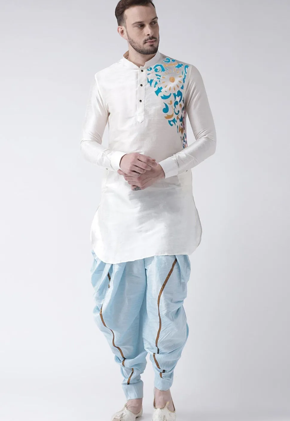 Printed Dupion Silk Kurta Set in White