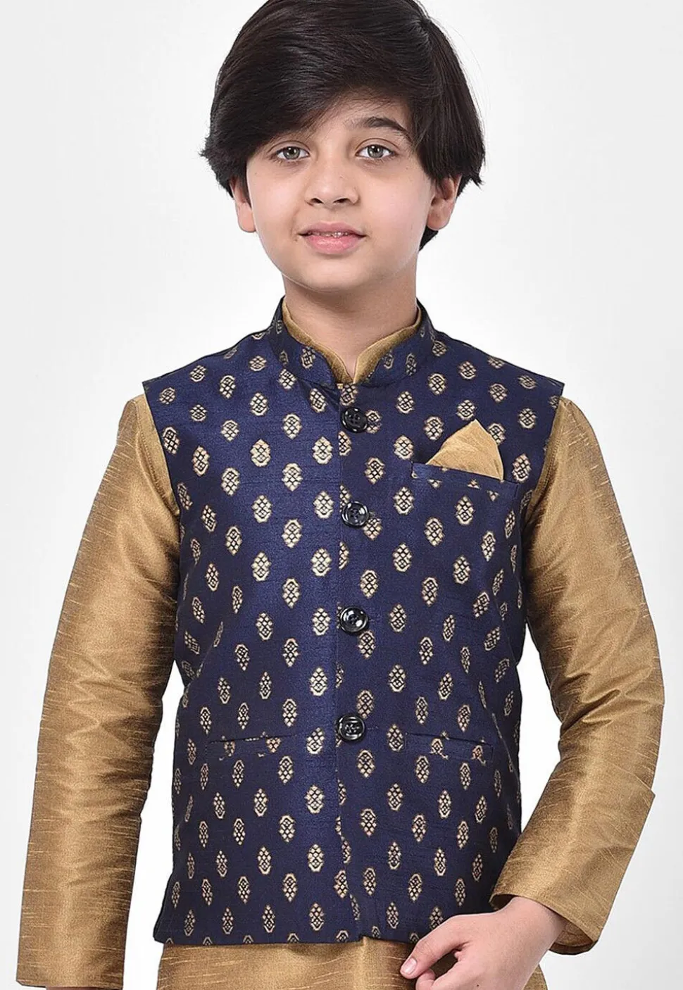 Printed Dupion Silk Nehru Jacket in Navy Blue