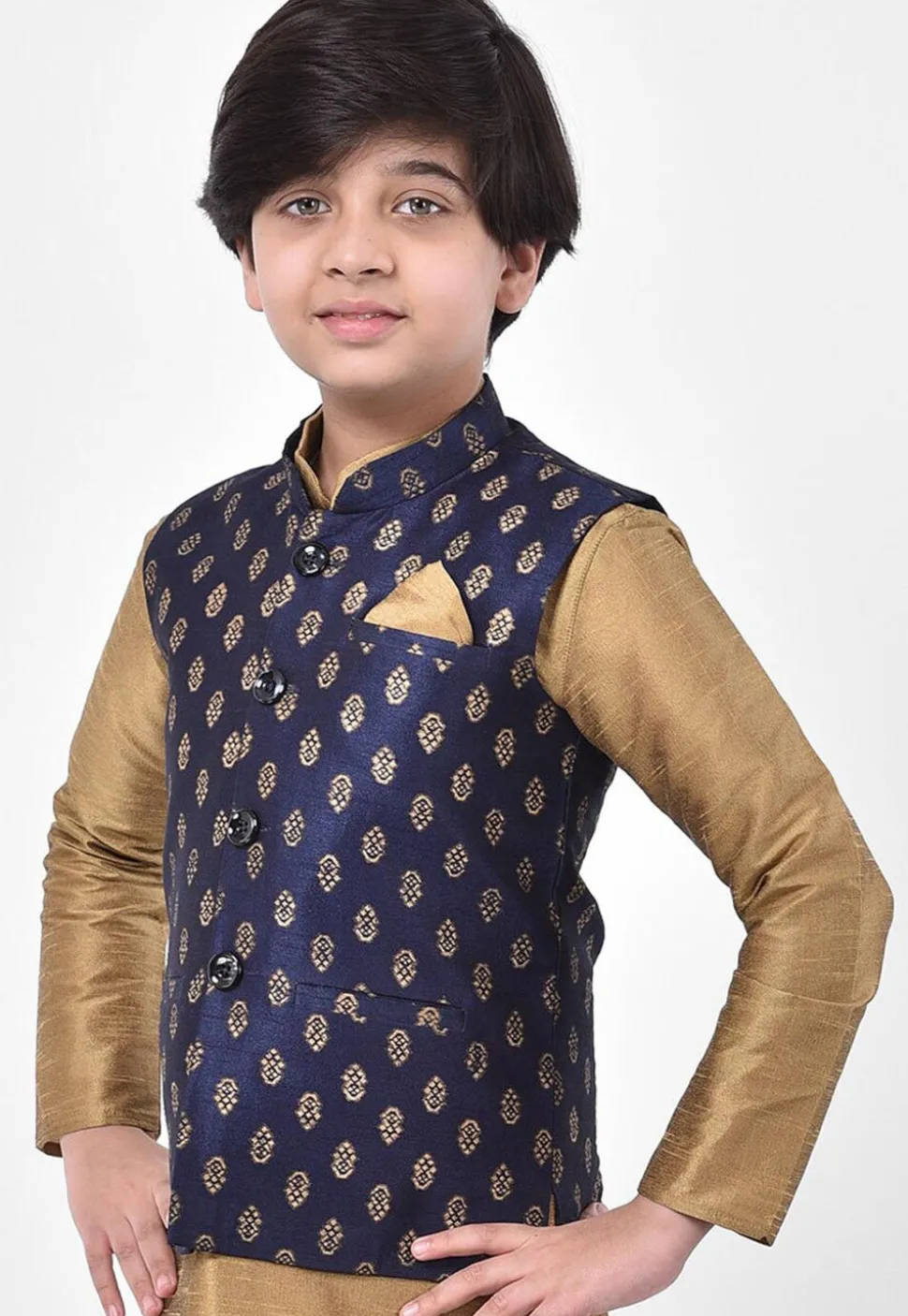 Printed Dupion Silk Nehru Jacket in Navy Blue