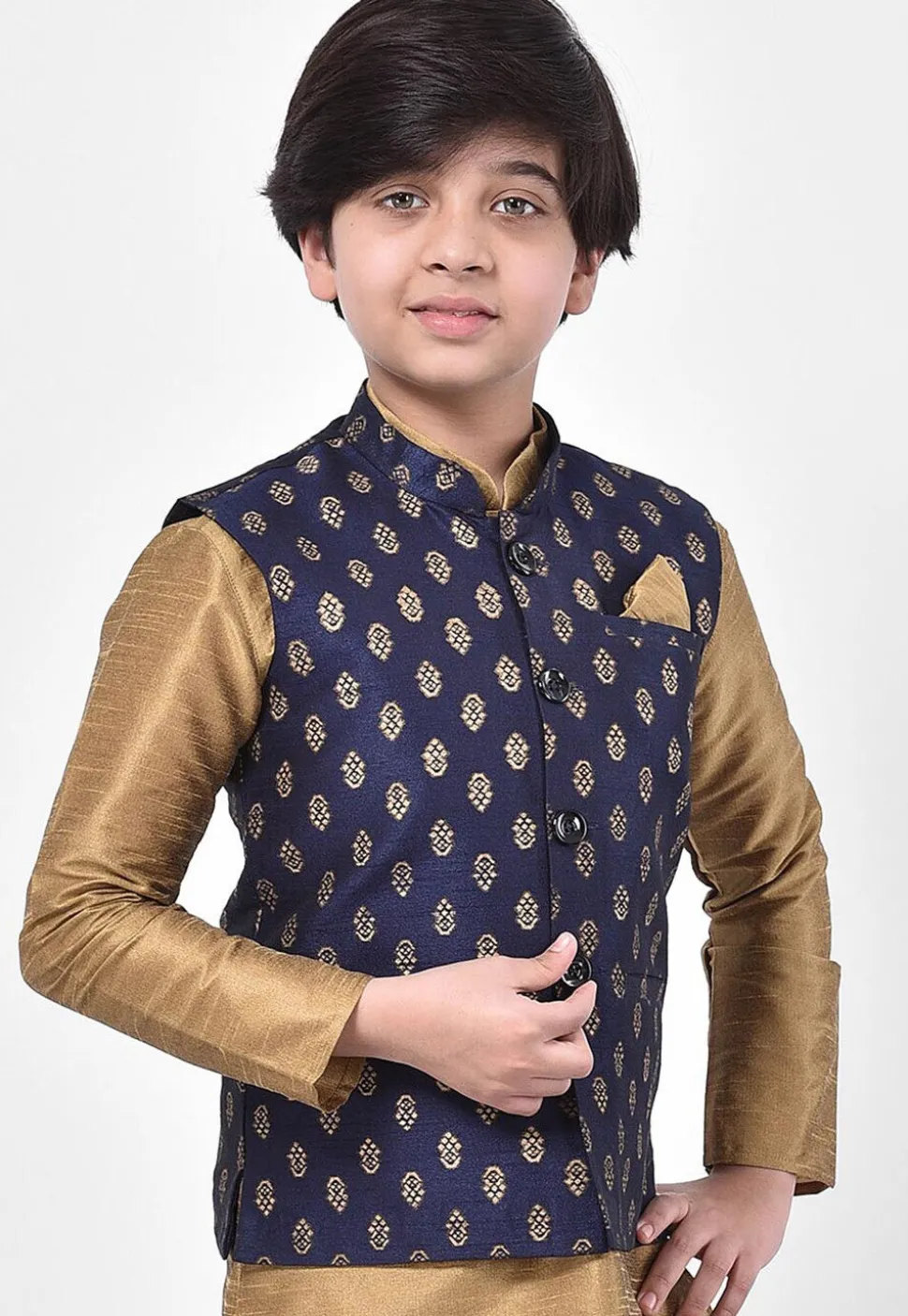 Printed Dupion Silk Nehru Jacket in Navy Blue
